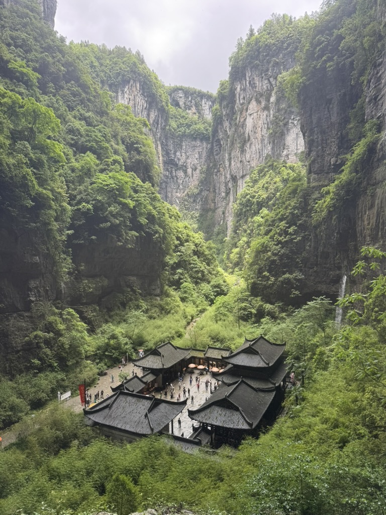 A lush canyon view with traditional rooftops below